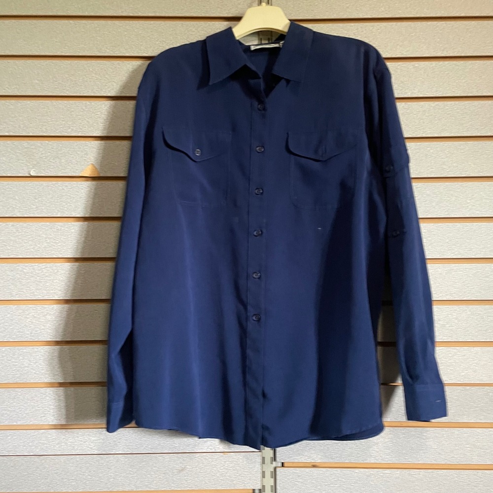 Joanna Button-Up Shirt Roll-Tab Sleeves Collared‎ Relaxed Fit Navy Blue L